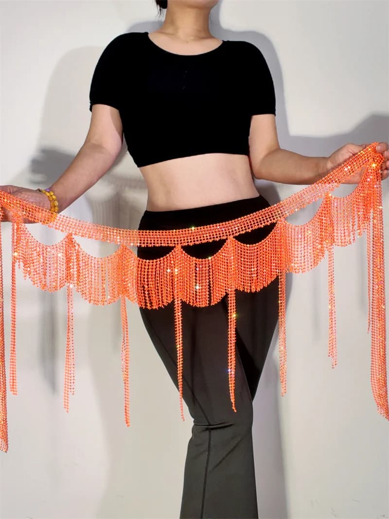 Women Scallop Tassel Rhinestone Belly Dance Waist Chain Sparkly Mesh Hip Wrap Adjustable Tie Belt Oriental Dance Competition St