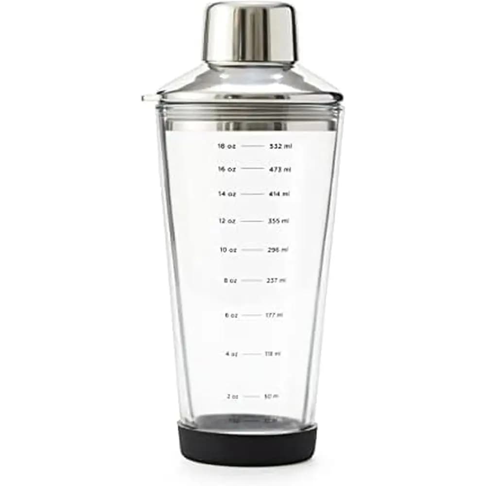 18 oz Glass Cocktail Shaker with Measurement Markings, Stainless Steel Lid, 1.5 oz Jigger & Strainer, 3.94 x 3.54 x 9.06 Inches