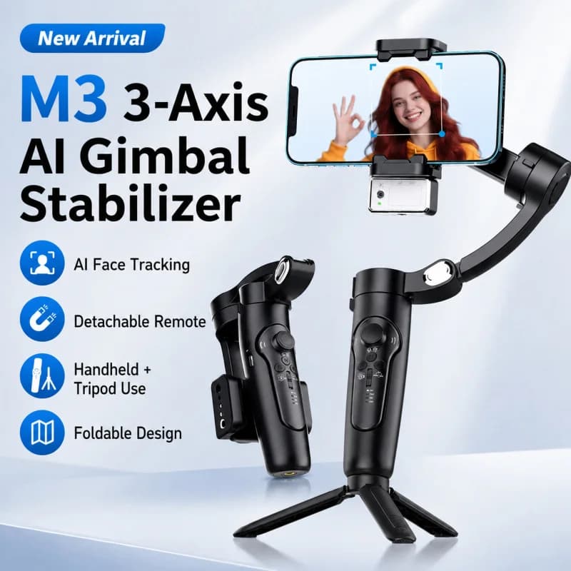 Stabilizzatore Gimbal per Smartphone M3 a 3 Assi, Stabilizzatore Portatile con Tracciamento Facciale AI, Telecomando Staccabile, Impugnatura Anti-Shake per Video
