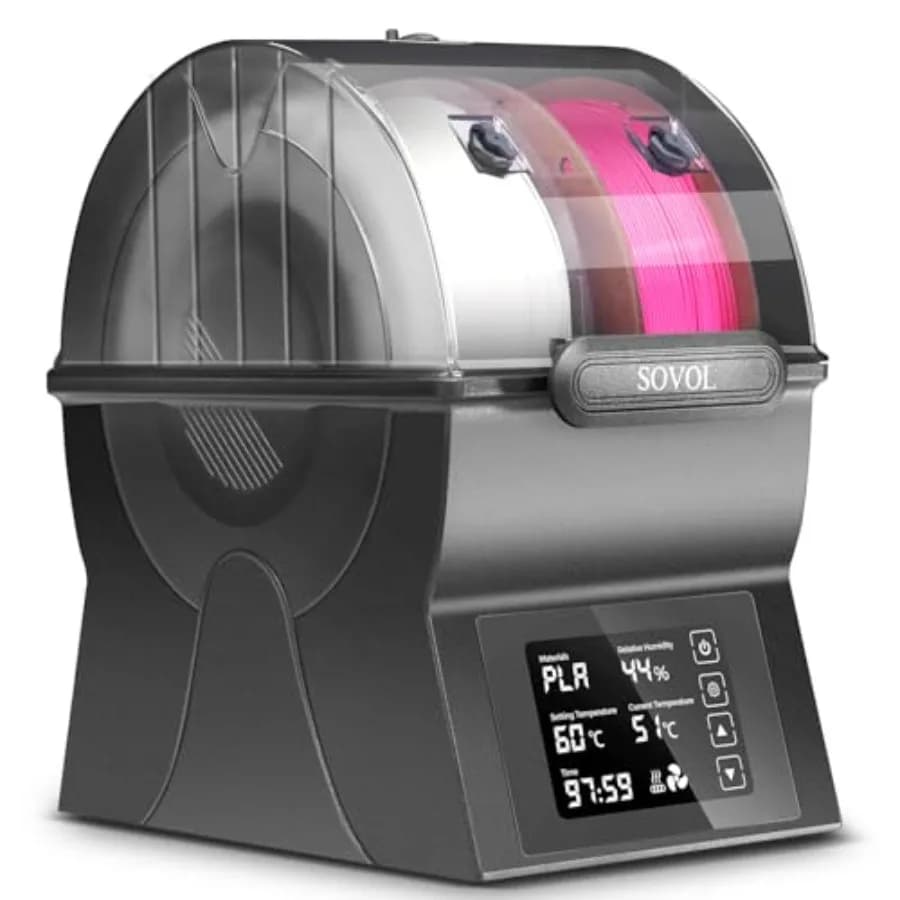 Scatola essiccatrice per filamenti di stampanti 3D con riscaldatore PTC e touchscreen per bobine di PLA, PETG, TPU, ABS, conservazione sigillata, colore nero, funzionamento con un solo tasto.