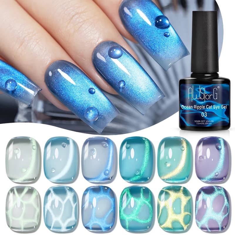 AWStorG 7.5ML Ocean Ripple Cat Eye Gel Aurora Viola Blu Gel magnetico Smalto per unghie Semipermanente Soak Off UV LED Gel Manicure