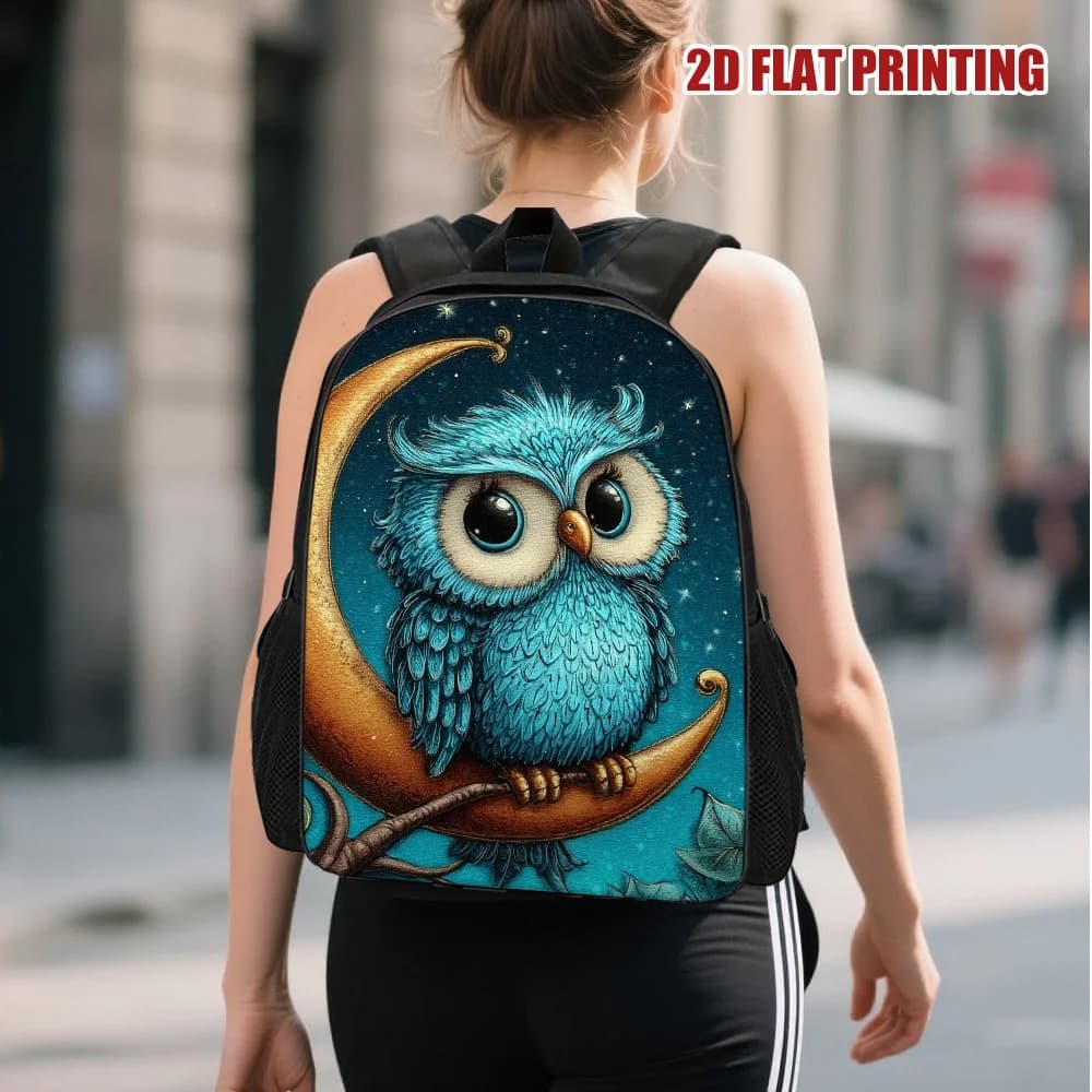 An Owl on the Moon Relaxing backpack, elegant and capacious, perfect for work, school and weekend trips, for teenagers
