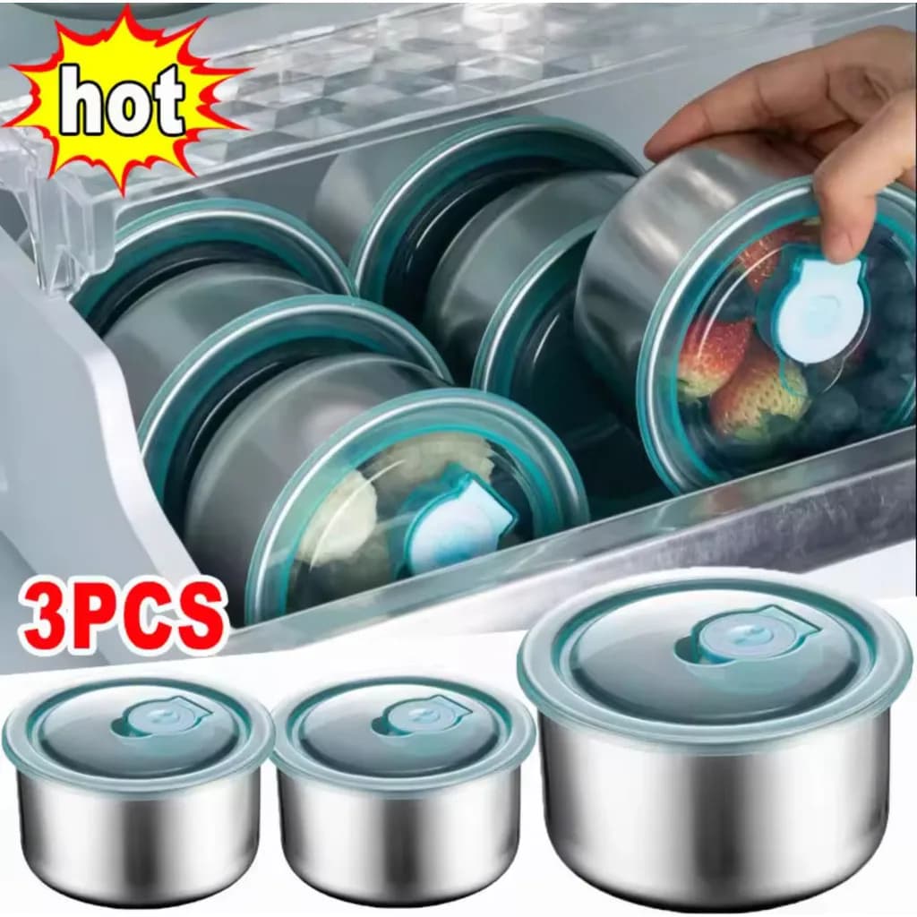 Set di 3 Contenitori per Alimenti in Acciaio Inox con Coperchio Ermetico, Ciotole per Conservazione e Preparazione Pasti, Accessori da Cucina per Frigorifero