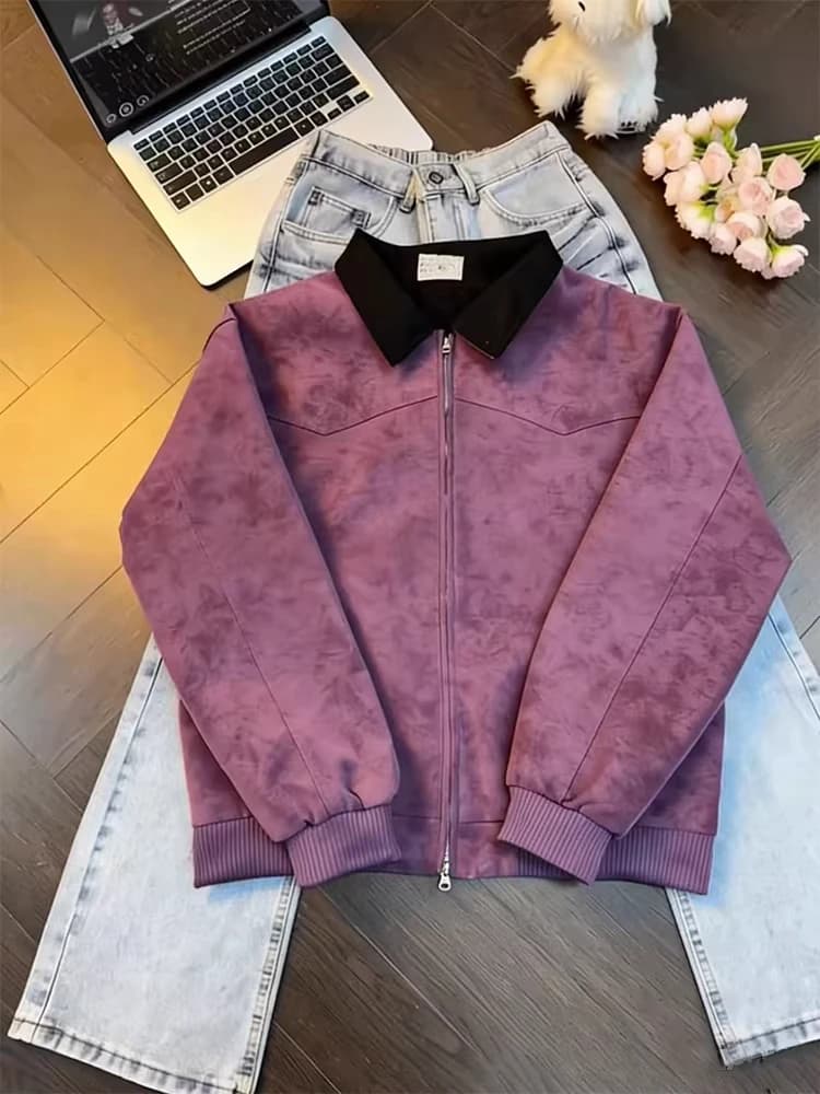 East Wind Blue American Dyed PU Leather Jacket Men's Style Three-Proof Baseball Collar Color Block Workwear Jacket