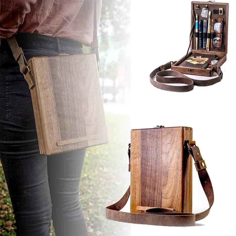 【A08I】Painting Brush Tool Storage Sketch Writer's Messenger Wood Box, Portable Artist Tool Bag Easel For Outdoor Painting