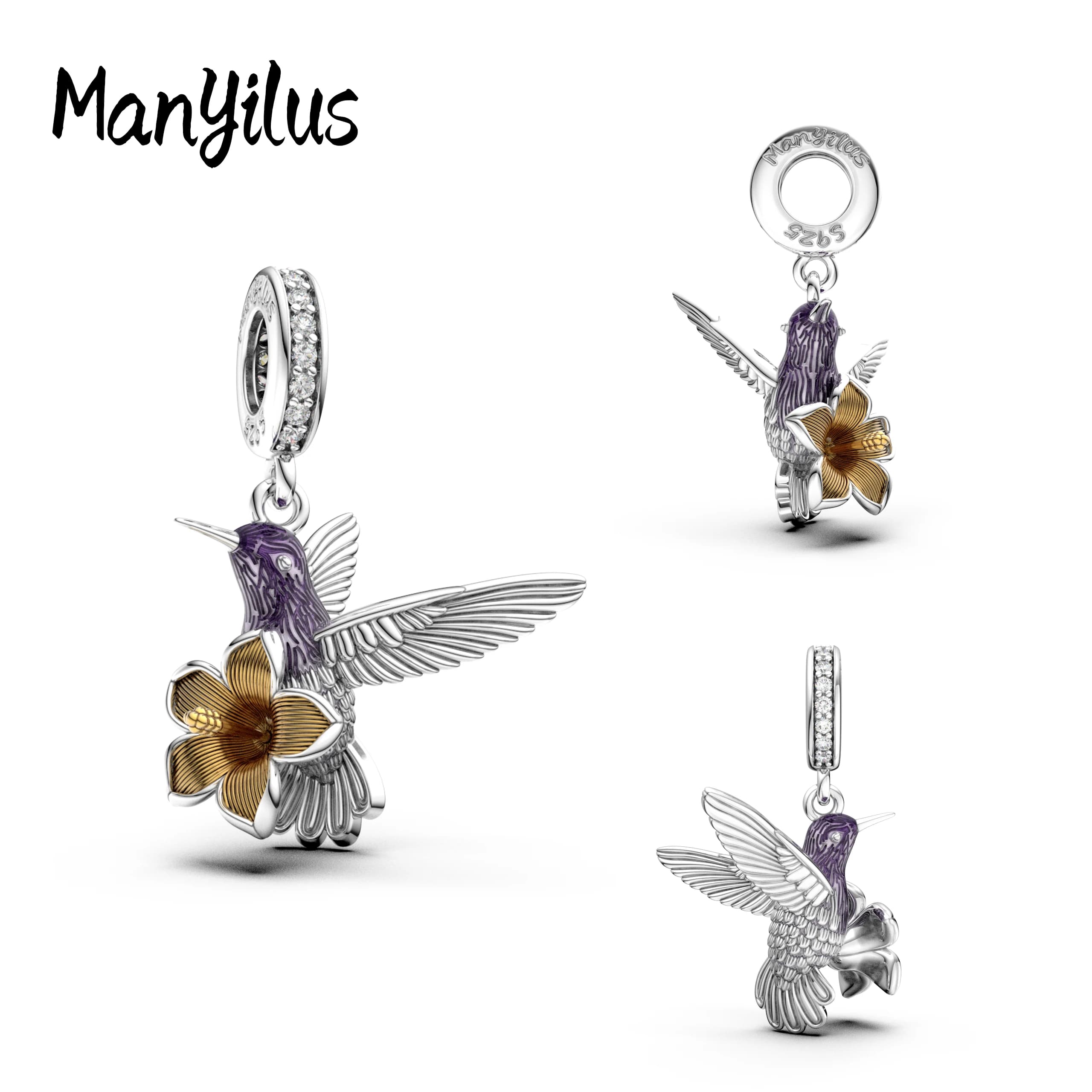 Manyilus 925 Sterling Silver Hummingbird & Flower Dangle Charm for Original Bracelet & Necklace Cubic Zirconia Jewelry Gift