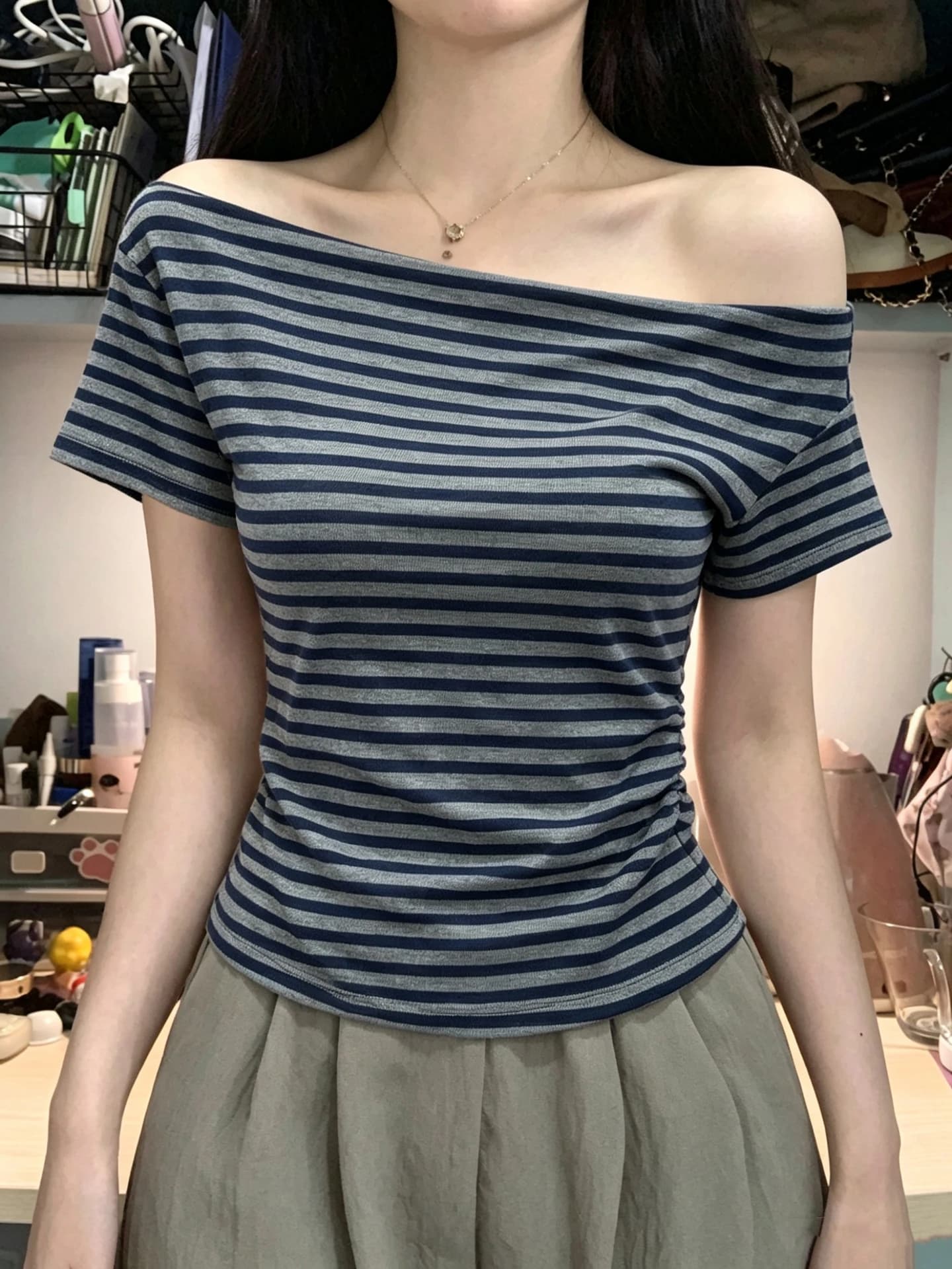 Summer Korean Style Slim Fit Short Sleeve T-Shirt Women's Shoulder Baring Base Shirt Trendy Striped Color Block One Shoulder Top