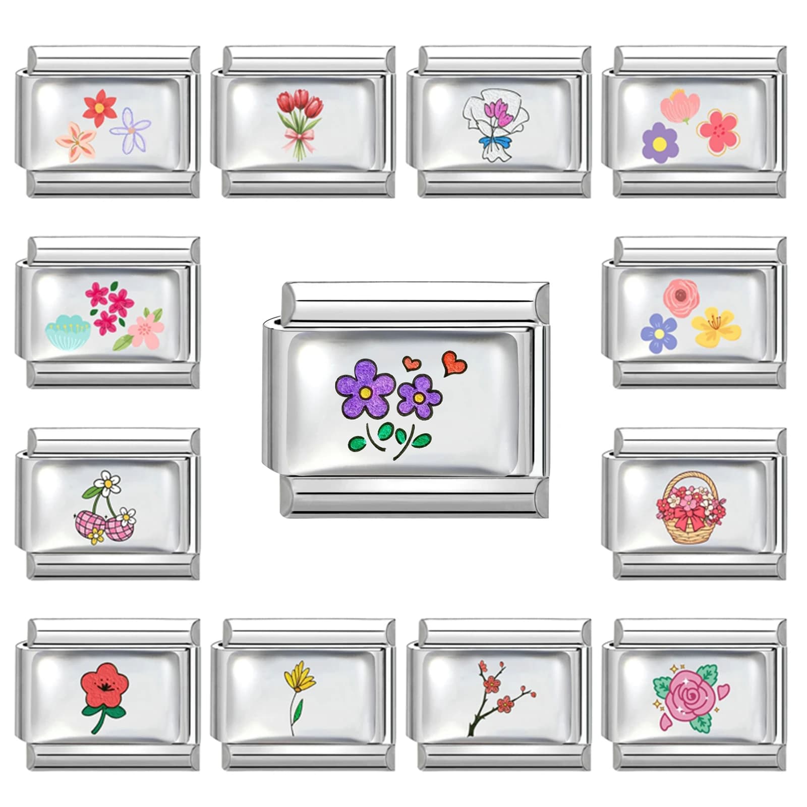 New Fashion Colorful Flowers Series Cherry Candy Bow Love Charm Link Fit 9mm Stainless Steel Bracelet Girls' Making DIY Jewelry
