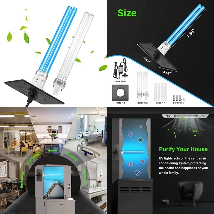 COOSPIDER Luce UV 18W per HVAC, Purificatore d'Aria per Tutta la Casa, Luce UVC per Condotti di Climatizzazione, con 1 Lampadina di Ricambio, Lunghezza d'Onda 253.7nm