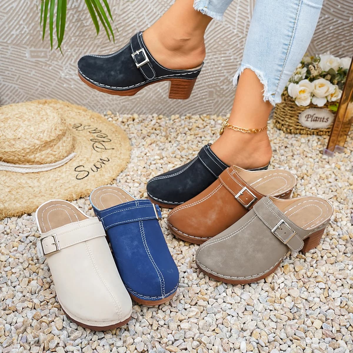 Women Mules Slippers High Chunky Block Heel Clogs Closed Toe Slip on Vintage Summer Casual Comfortable Walking Shoes