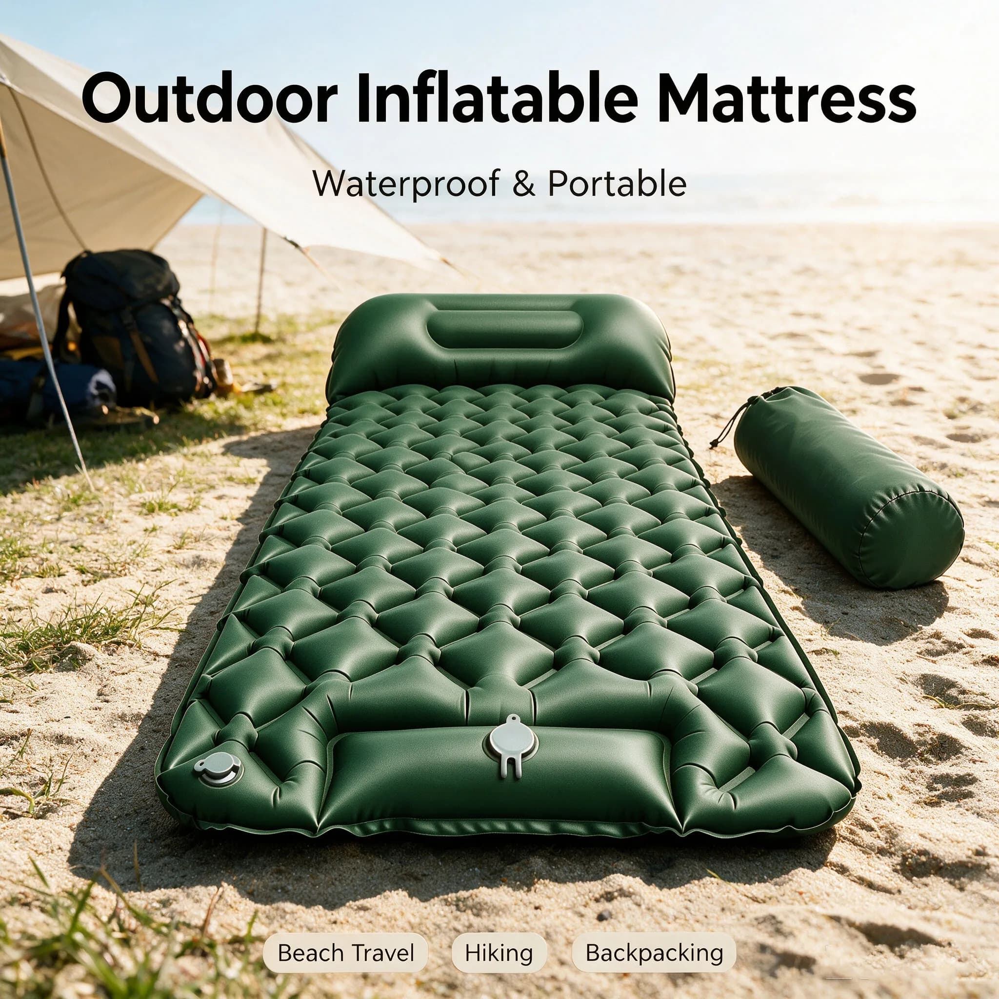 Built-in Foot Pump Inflatable Camping Mattress Waterproof Portable Sleeping Pad with Pillow for Outdoor Tent Beach Travel