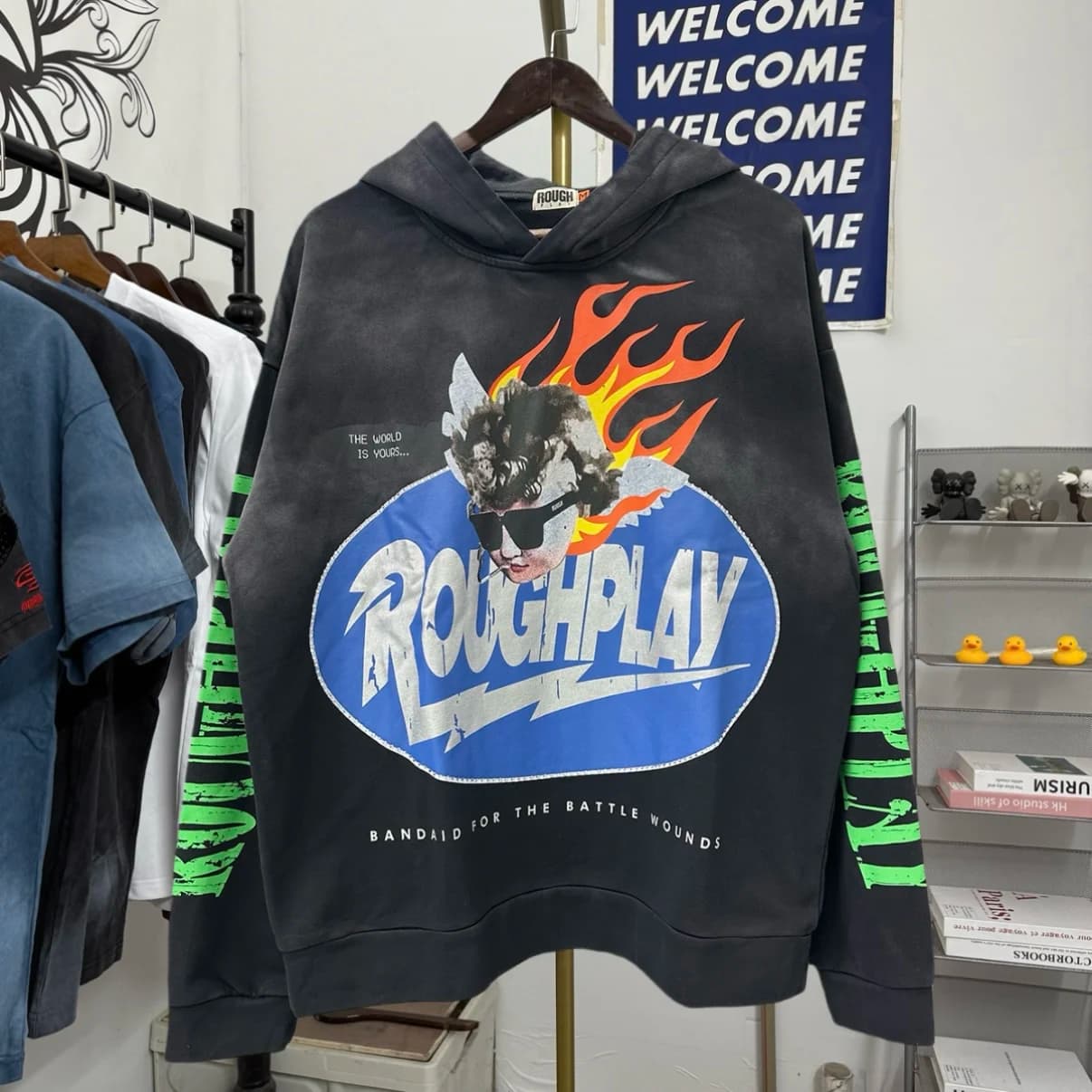 Roughplay American High Street Washed out Distressed Hoodie Sweatshirt Men's Loose Fit Cotton Polyester Long Sleeve Crew Neck