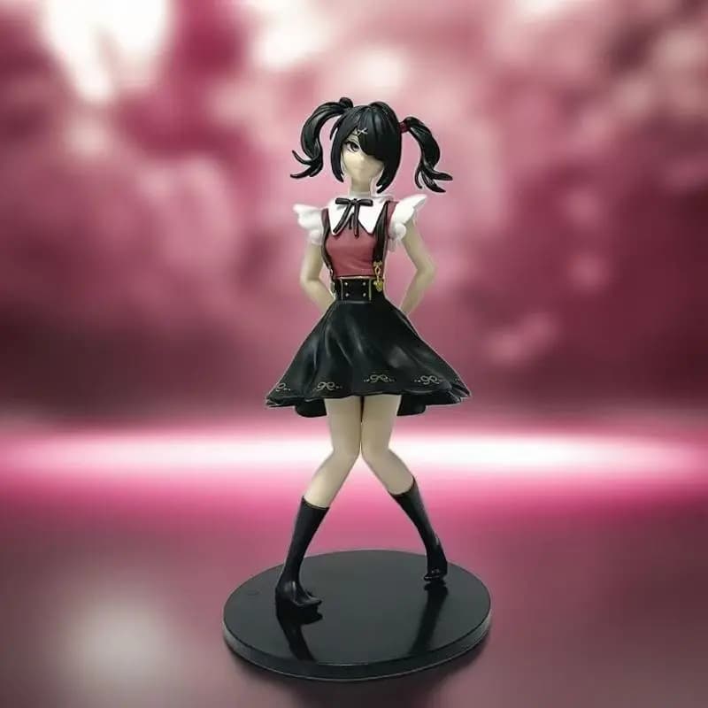 Statuetta di Ragazza Carina con Doppie Coda Nere, Abito Gotico Lolita, Console di Gioco Portatile, Posizione in Piedi - Figurina da Collezione