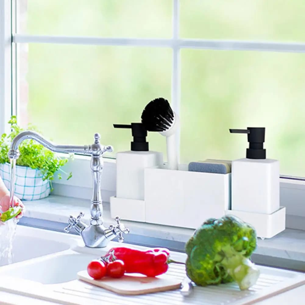 Porta Spugne Multifunzionale, Organizzatore da Bagno con Doppio Dispenser di Sapone e Porta Spazzole per Cucina
