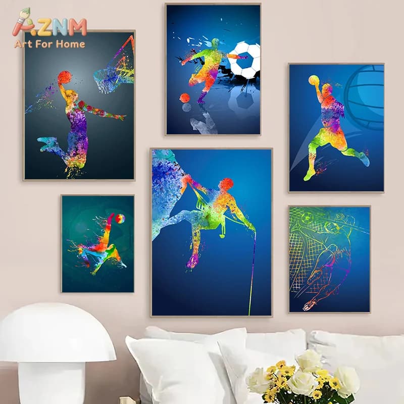 AZNM Watercolor Splash Sports Figure Canvas Poster Frameless Wall Art Basketball Football Volleyball Climber Athlete Print For B