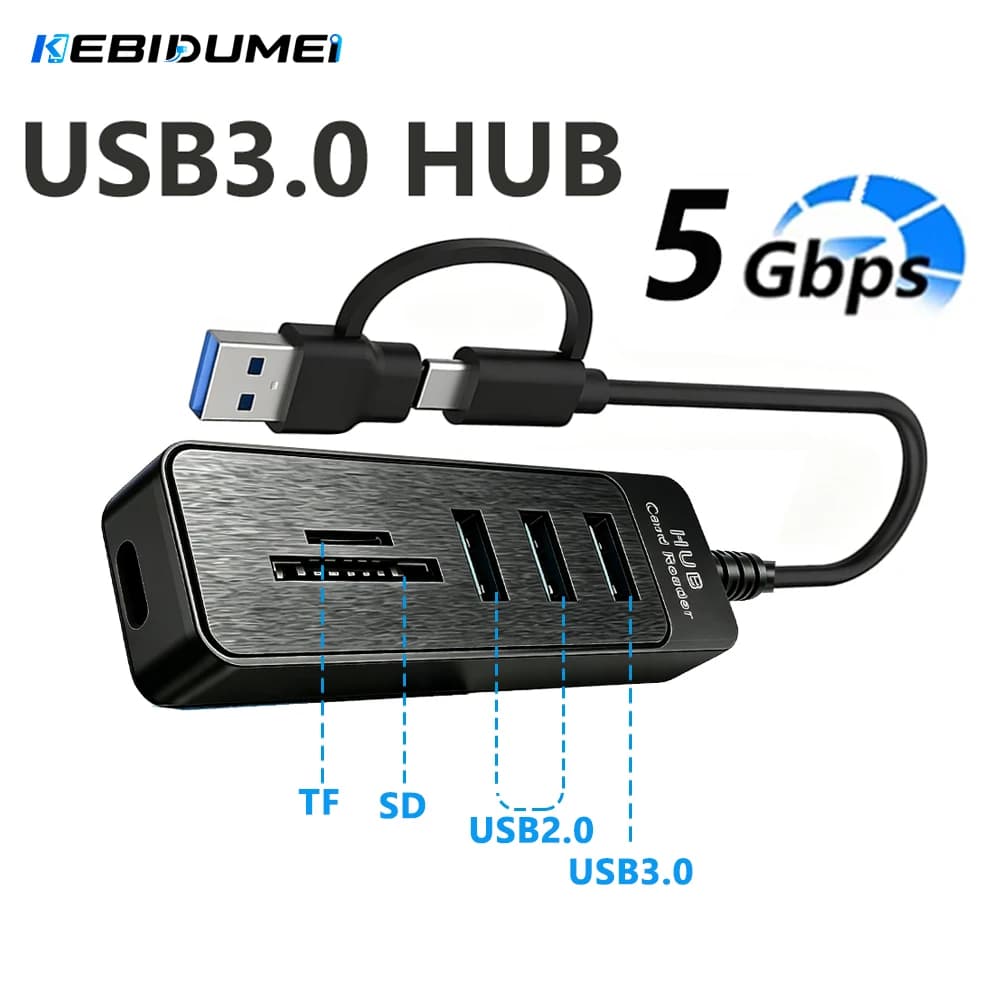 KEBIDUMEI USB3.0 HUB 5 In 1 Docking Station 5Gbps High Speed Splitter SD TF Slot USB Expander OTG Adapter Computer Accessories