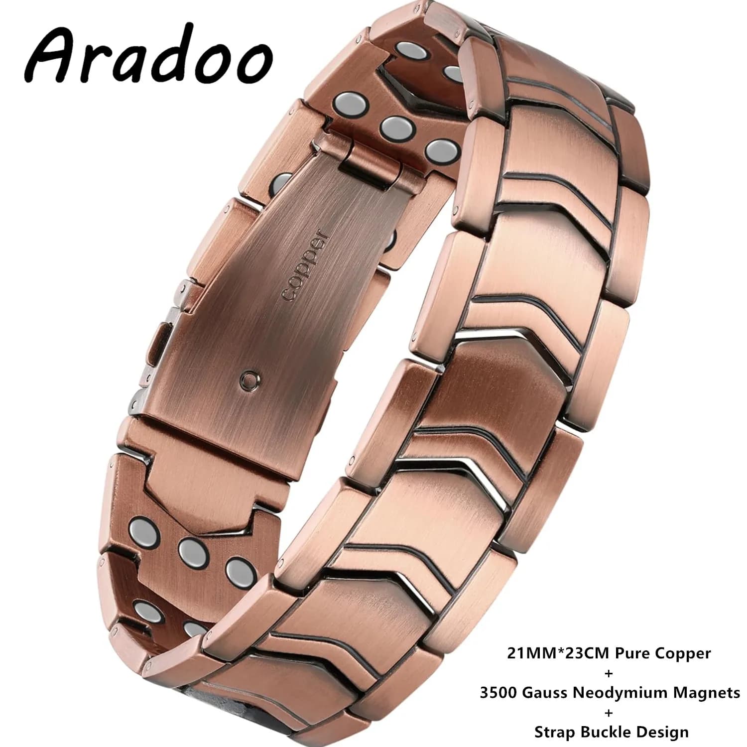 ARADOO Bracciale in rame da uomo Bracciale per terapia magnetica con forza 3X con potenti magneti Gauss 3800 Chiusura pieghevole premium