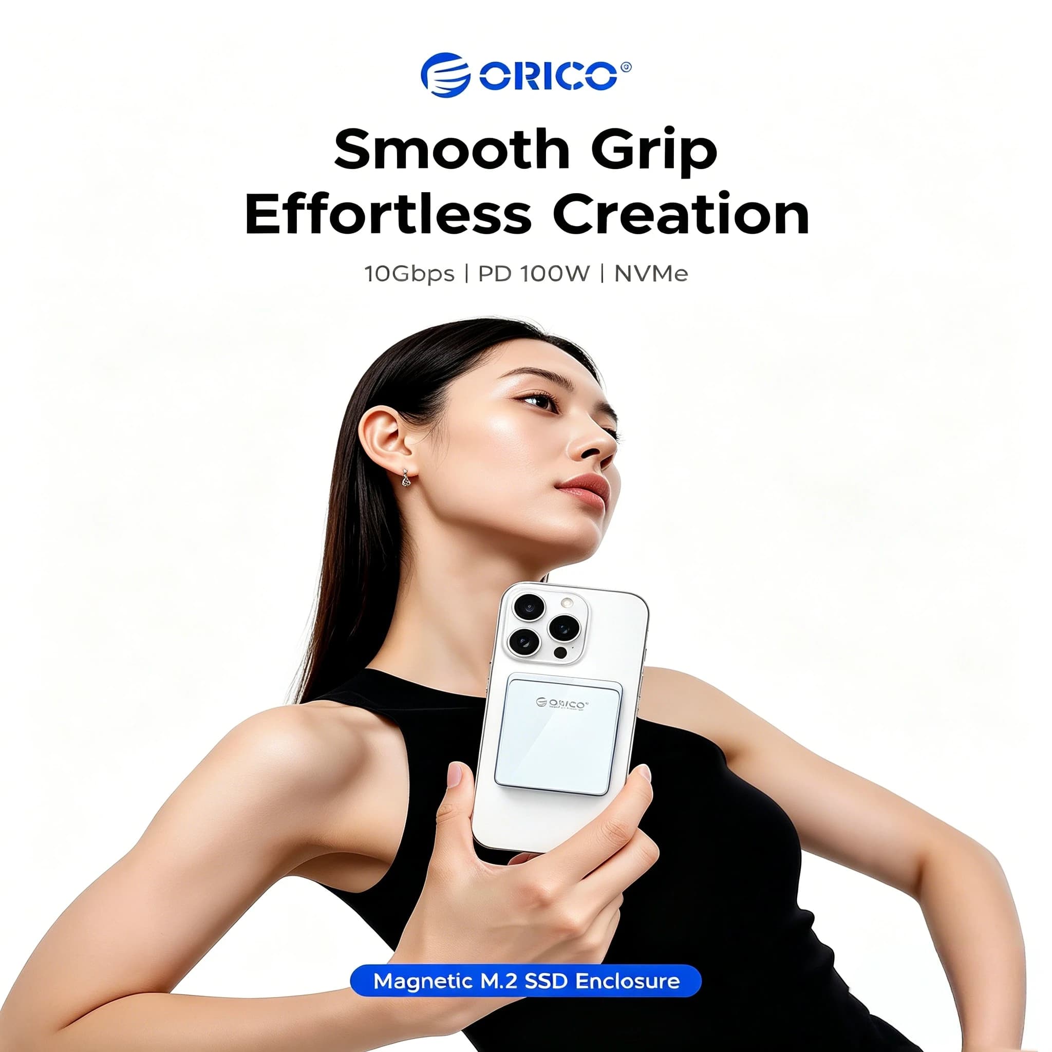 ORICO Magnetic External M.2 NVMe SSD Case 2230/2242, Real‑time 4K ProRes Storage for iPhone, SD/TF Reader,100W PD Passthrough