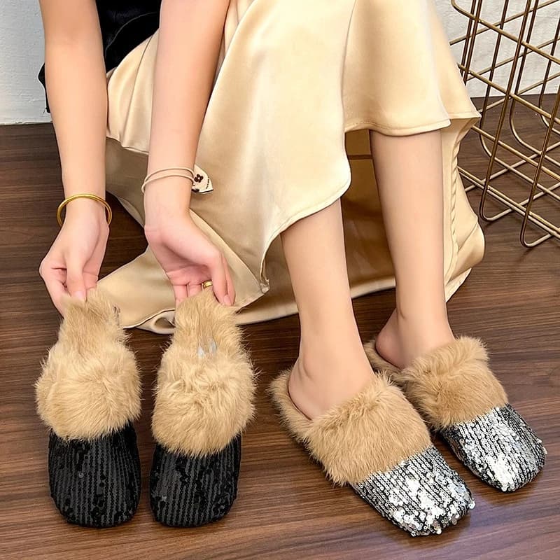 Pantofole avvolte con paillettes Inverno Nuova punta quadrata Bocca poco profonda Suola morbida Scarpe con tacco basso antiscivolo resistenti all'usura
