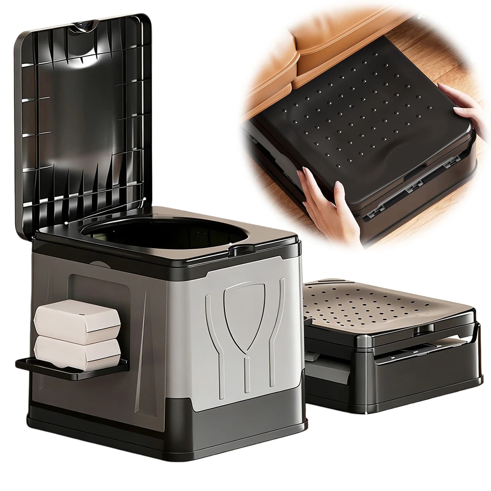 Folding Portable Toilet w/ Paper Holder & Lid Reusable Camping Toilet for Camping Travel Outdoor Car RV & Emergency Use