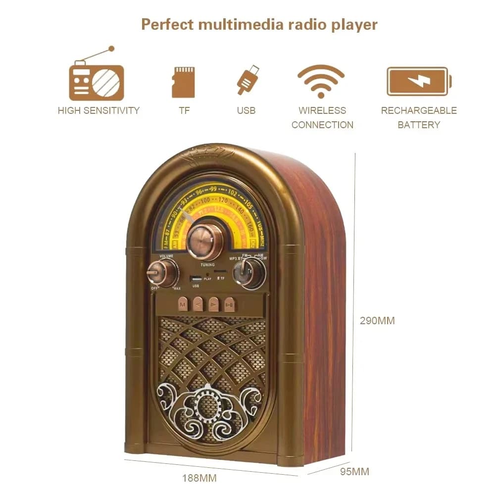 R-1950BT Retro portatile ricaricabile FM/AM/SW Radio a banda intera Altoparlante incorporato Lettore musicale Mp3 Bluetooth con slot per scheda USB TF