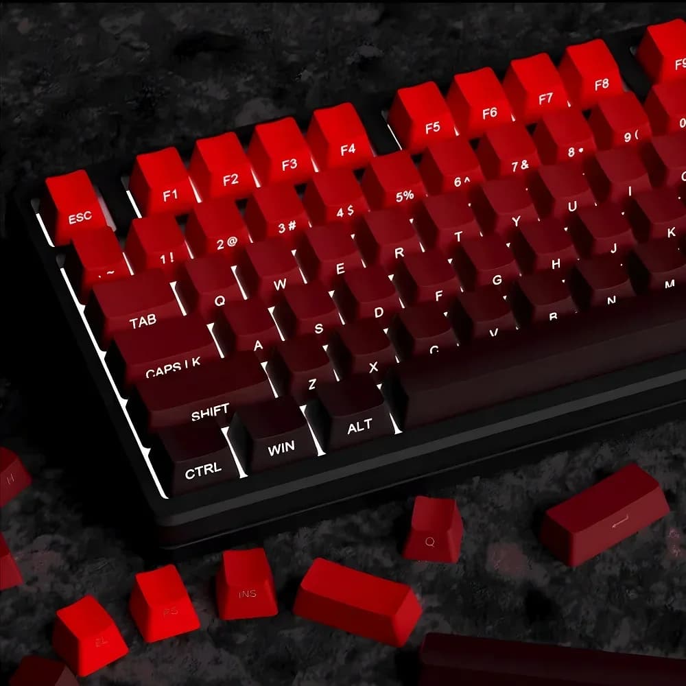 Nuovi copritasti per tastiera meccanica da gioco 60/64/84/98/108 Interruttore MX 135 tasti OEM PBT con incisione laterale Colore sfumato rosso e nero