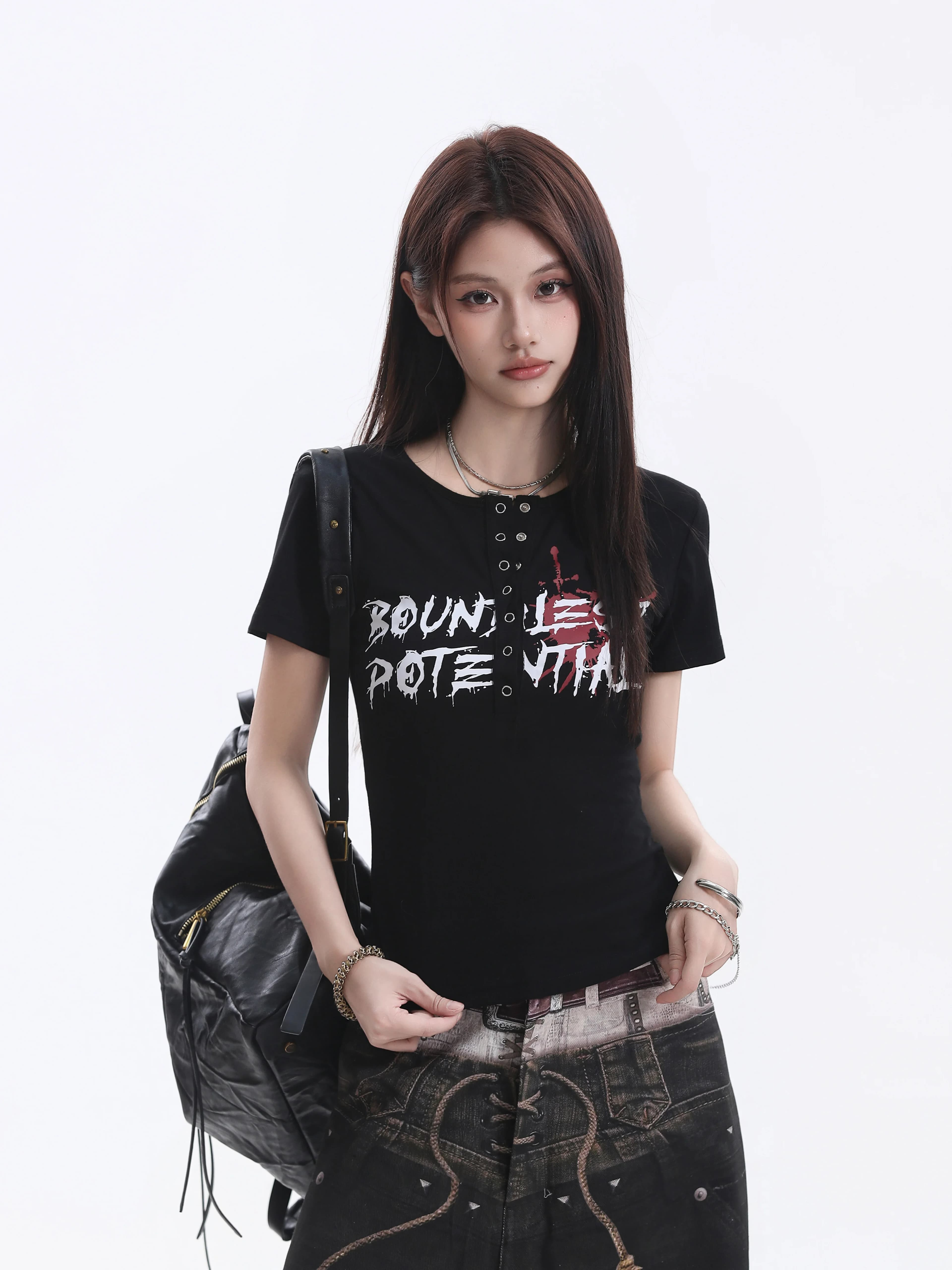 Slim Fit Short Sleeve T-Shirt Women's Street Style High Waist Print Henry Shoulder Length Cotton Polyester Blend round Neck S...