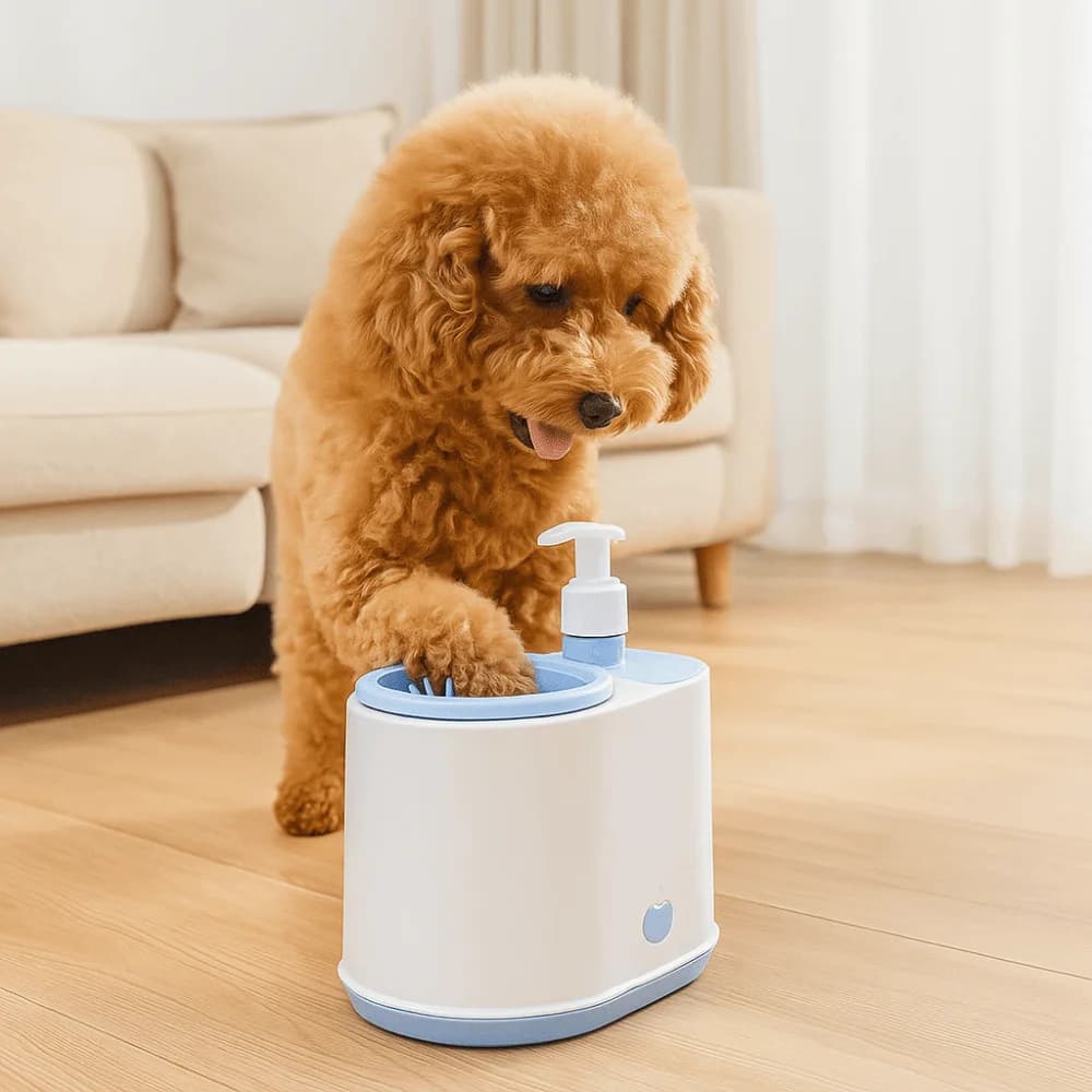 Lavapiedi Automatico 2 in 1 per Animali Domestici, Tazza in Silicone Staccabile per Lavaggio Zampe con Dispenser di Sapone, Macchina per Lavaggio Rapido delle Zampe