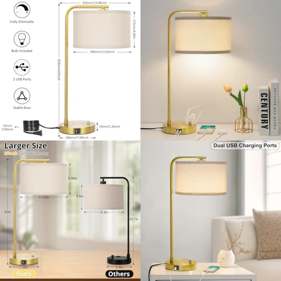 Lampada da Comodino Completamente Dimmerabile con Porte USB C+A, Lampada da Tavolo Moderna con Paralume Beige, Lampada da Lettura per Scrivania
