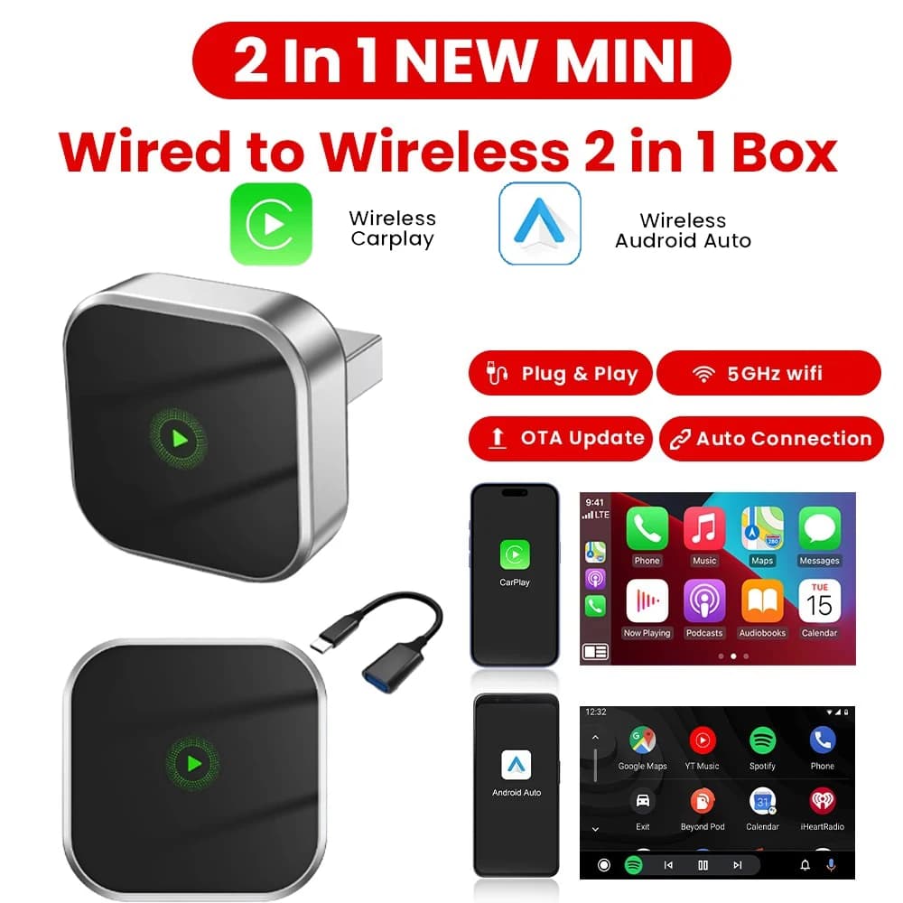Dongle Automatic Adapter Android Wireless 2 in 1 Smart Mini Box Plug And Play Universal for VW Toyota Nissan Honda Ford Benz