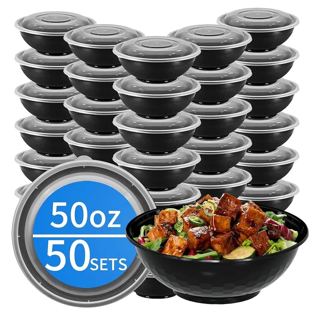 Contenitori per la preparazione dei pasti, 50 set da 50oz (100 pezzi) di ciotole in plastica con coperchi per zuppe e insalate, contenitori monouso per alimenti da asporto.
