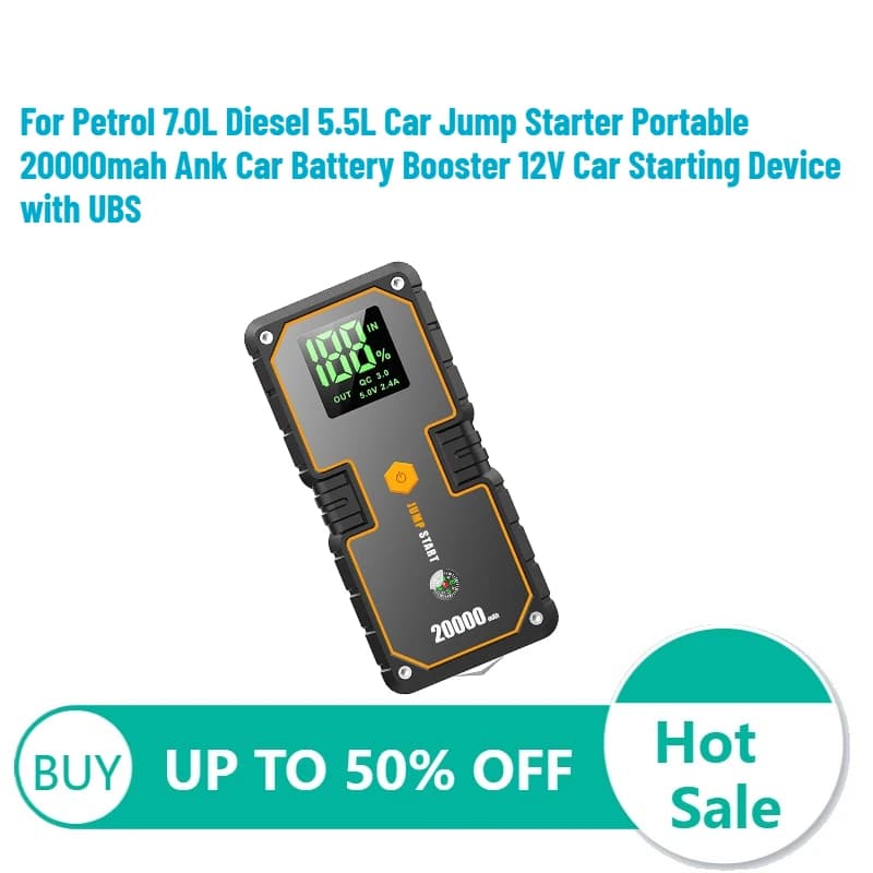 Avviatore di Emergenza Portatile per Auto a Benzina 7.0L e Diesel 5.5L, Booster Batteria Auto 12V da 20000mAh con USB
