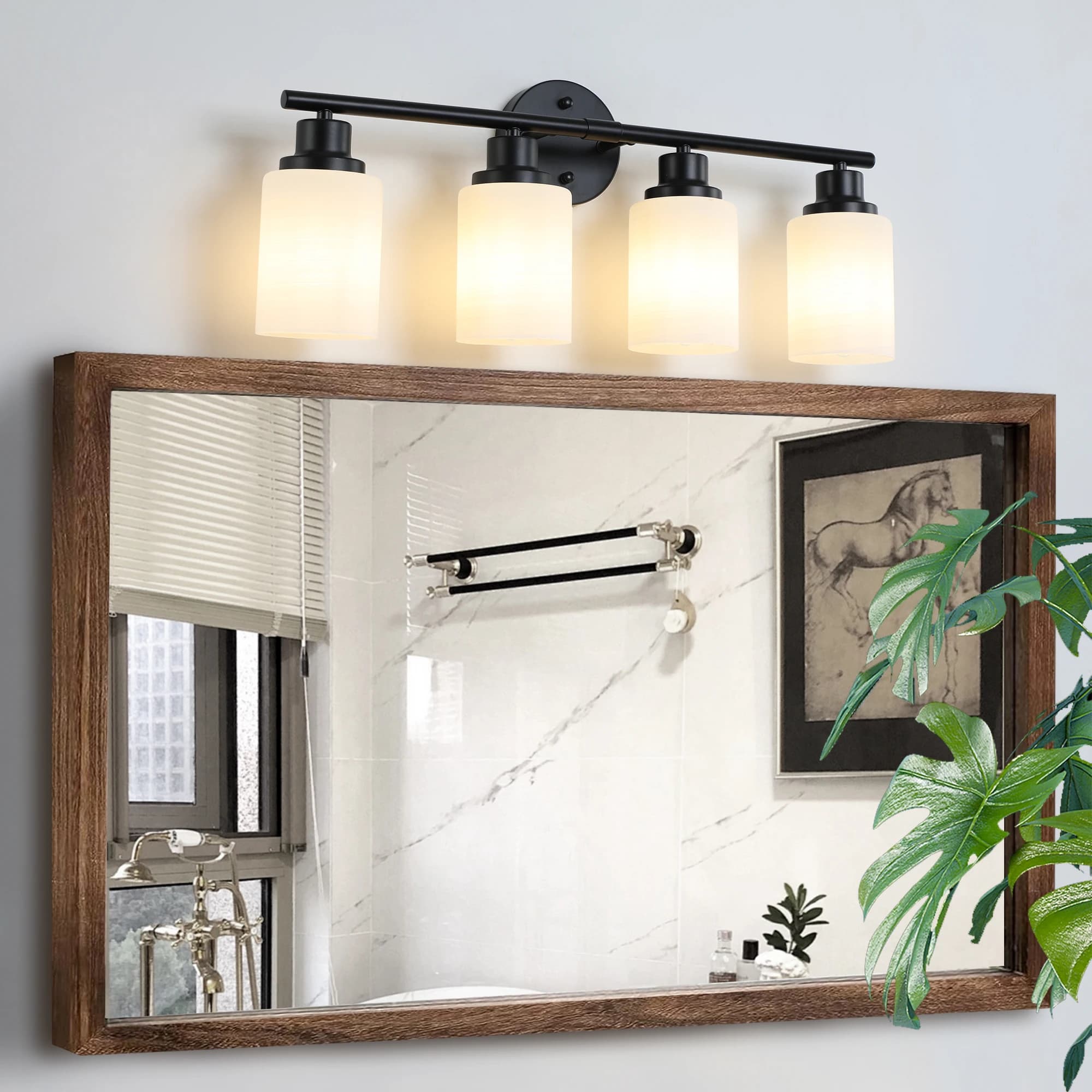 Luci per montaggio a parete per bagno moderno 4 luci per lavabo da bagno lampade per specchi da bagno nere con sfumature di vetro latteo