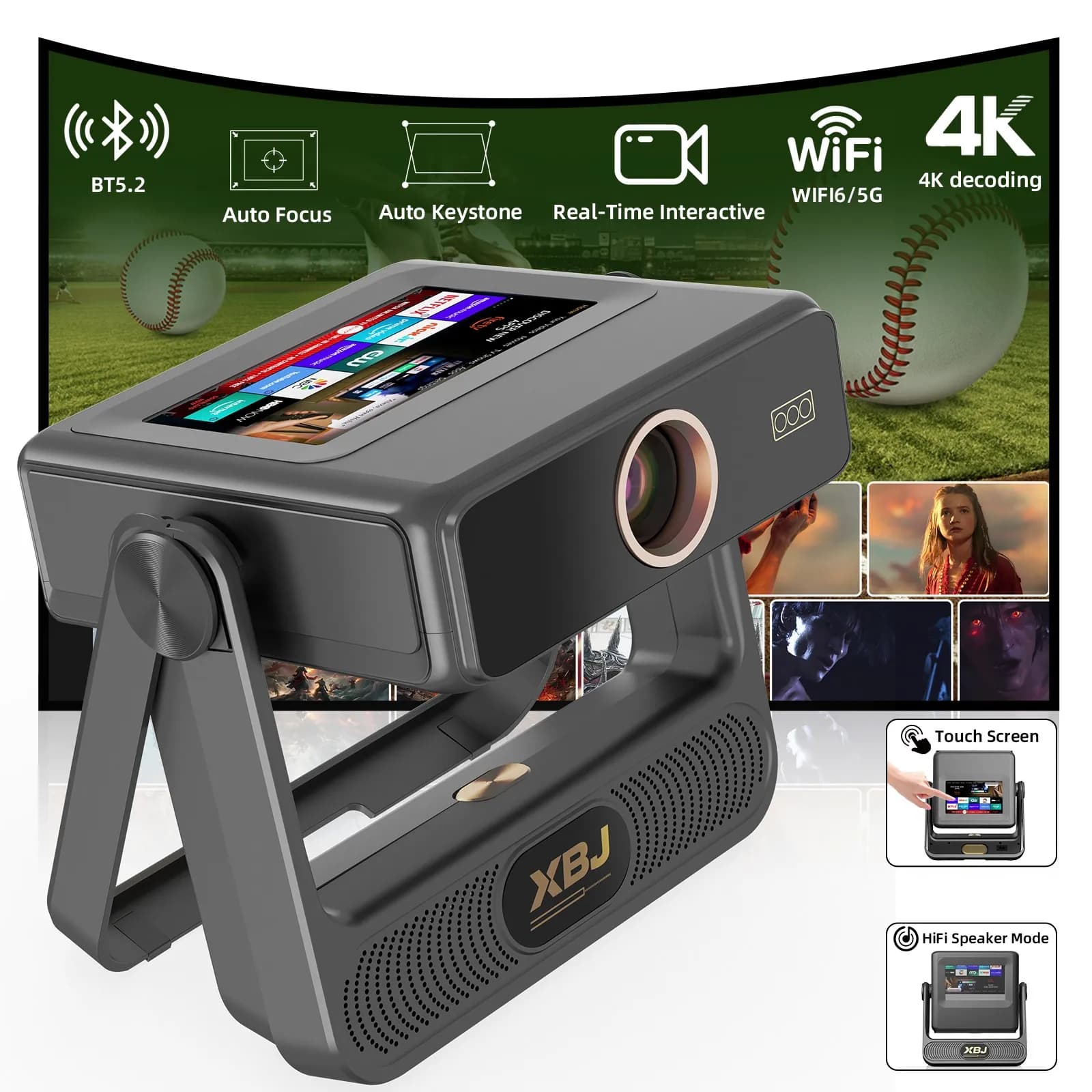 Updated 2026 Foldable Projector with Touch Screen, 4K Ultra HD Portable Projector for Home