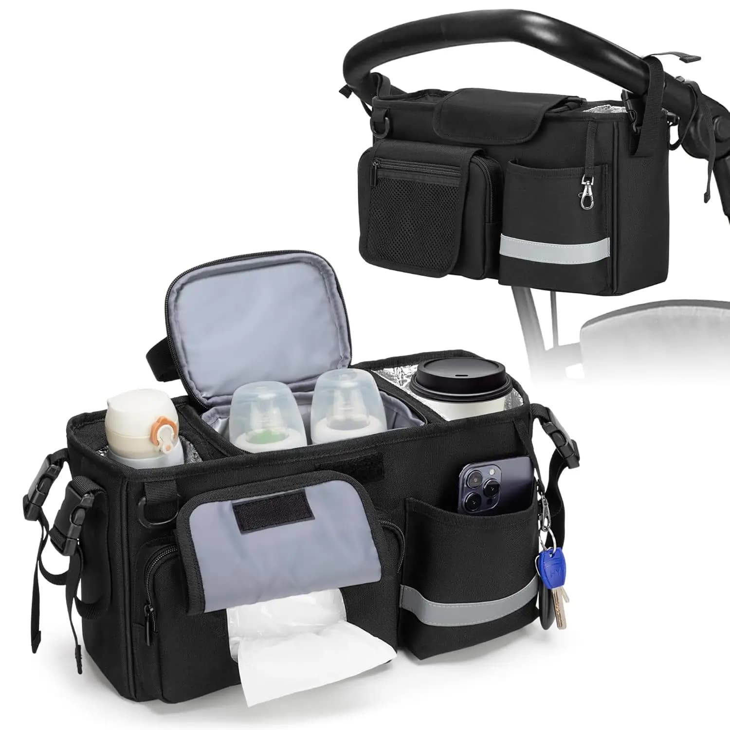 Organizer per passeggino Parent Console compatibile con W&X, 2 portabicchieri isolati, un contenitore termico rimovibile