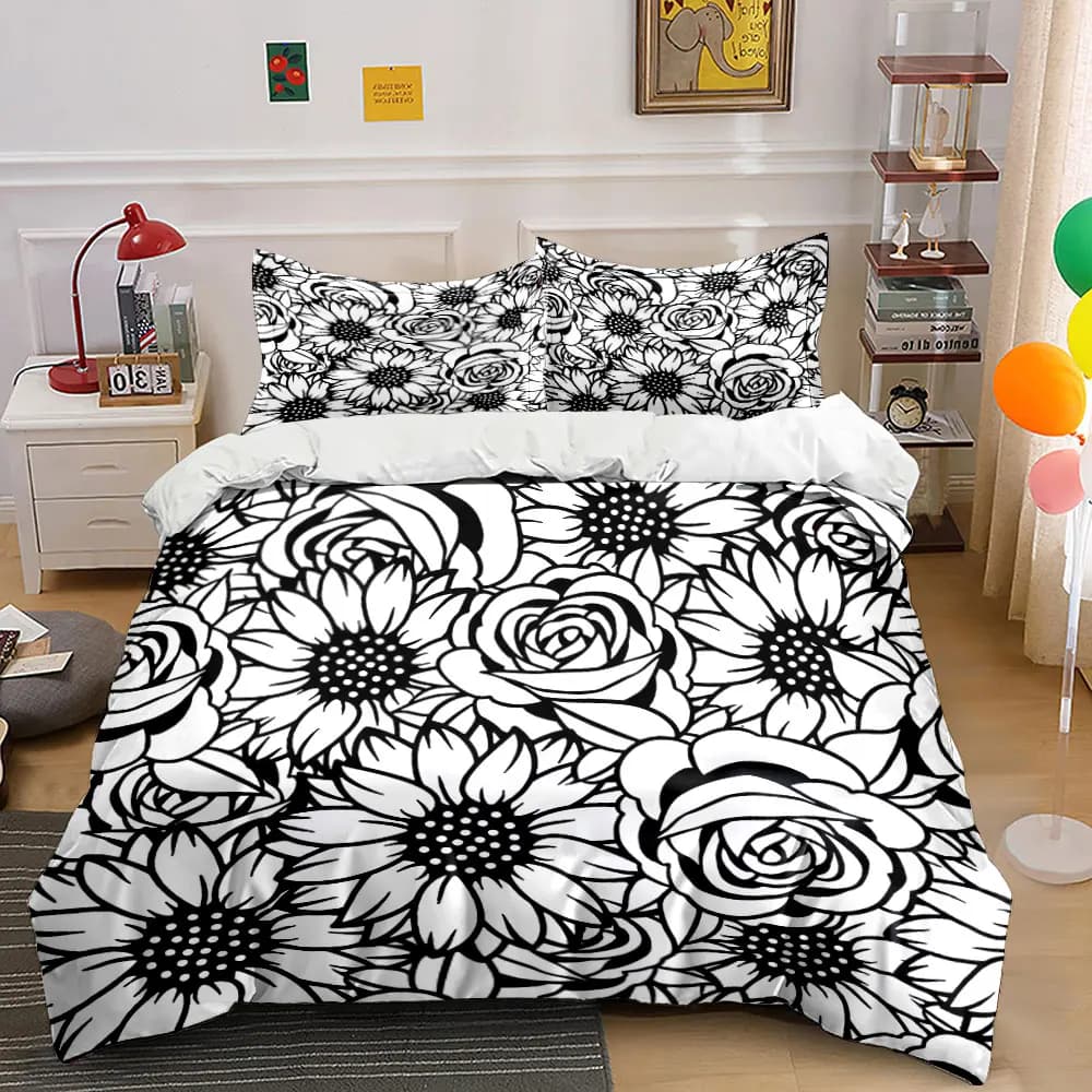 Black and White Floral Pattern Print Bedding Set 1 Duvet Cover 2 Pillowcases for Adult and Children Luxury Gift Full Size