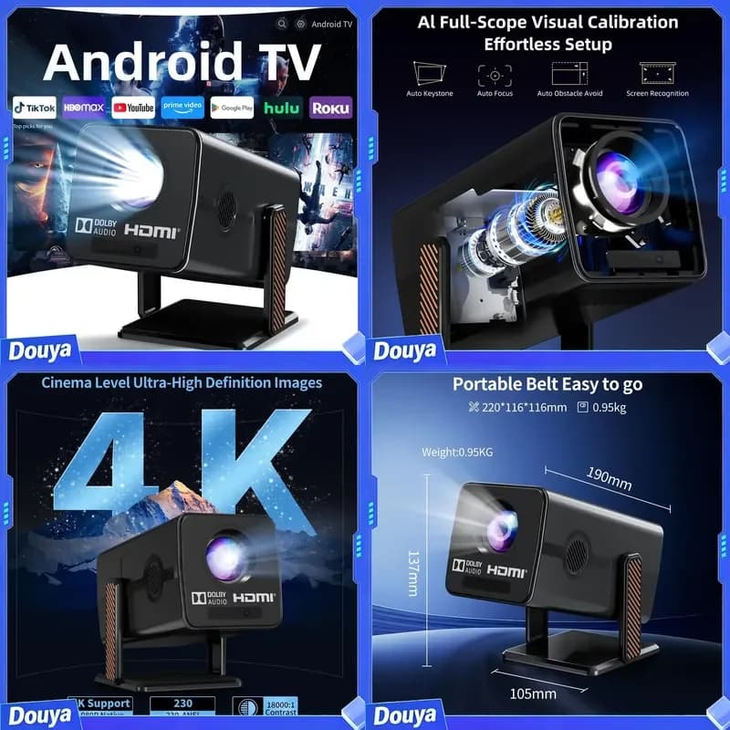 Portable Mini Projector Native 1080P 4K Supported Android 13 230ANSI 16GB RAM Auto Focus WiFi 5 BT5.2 Home Theater Projector