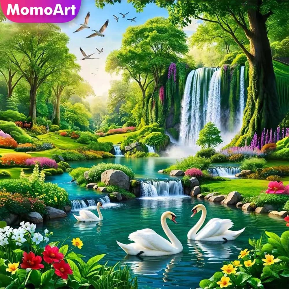 Momoart Swan Counted Cross Stitch Waterfall Landscape Embroidery Fabric Tree Design 11CT Unprinted Needlework Home Decoration
