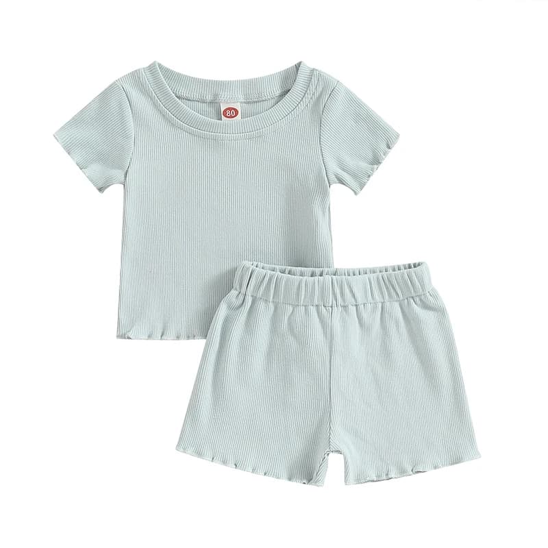 2 pezzi vestito estivo per bambini tinta unita a costine o-collo maniche corte top pantaloncini in vita elastica abiti per ragazze ragazzi