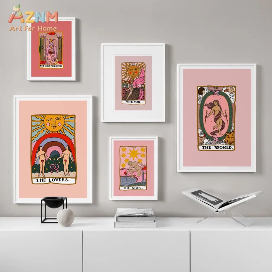 Stampa su tela senza cornice AZNM con carte dei Tarocchi rosa - I Amanti, Il Sole, La Stella, Il Mondo e la Sacerdotessa Alta, arte murale mistica per