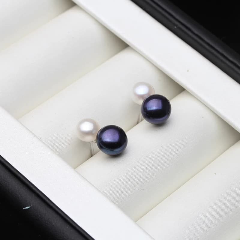 Orecchini con Doppia Perla Naturale d'Acqua Dolce, in Vero Argento Sterling 925 con Perle, Regalo per Moglie o Madre, Compleanno, Bianco e Nero