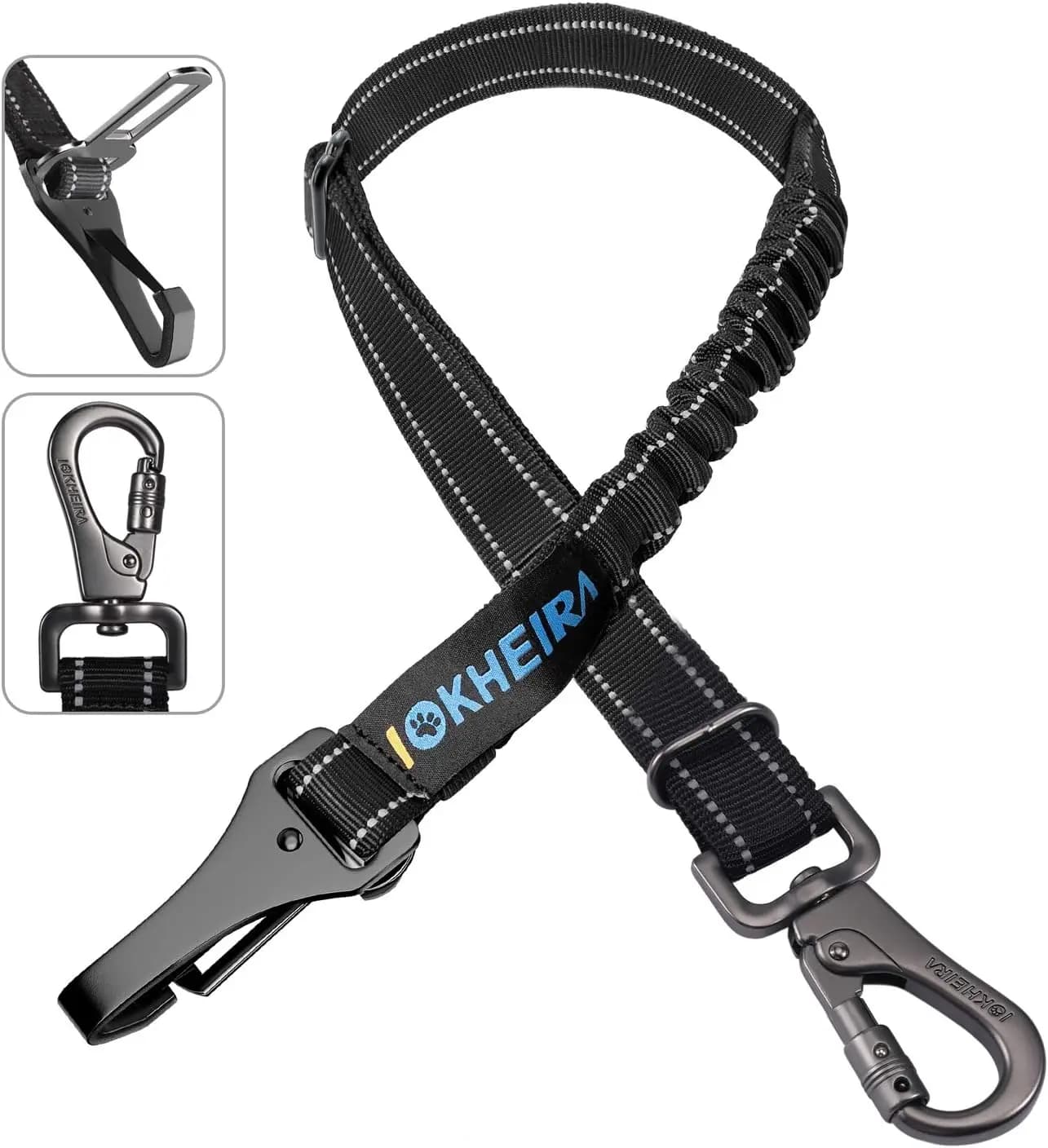 Cintura di Sicurezza 3-in-1 per Cani in Auto - Regolabile, Riflettente, in Nylon, con Moschettone Girevole (Nero)