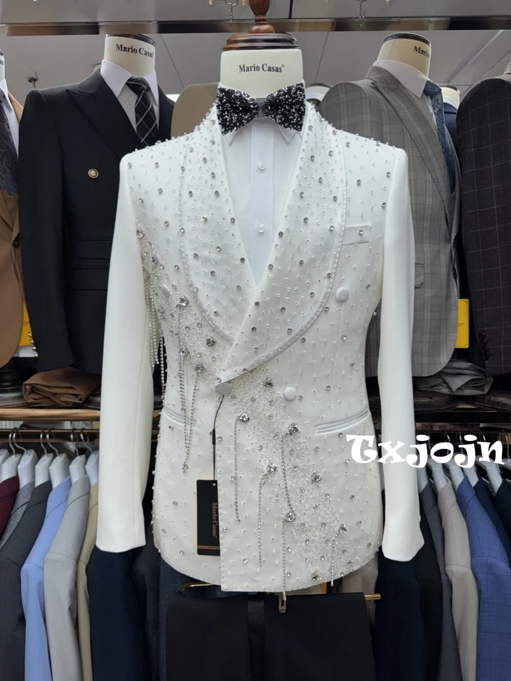 Giacca da abito in cristallo con perline argento Uomo Festa di compleanno Abbigliamento da ballo Elegante abito doppiopetto Set da 2 pezzi per uomo Set da sposo per matrimonio