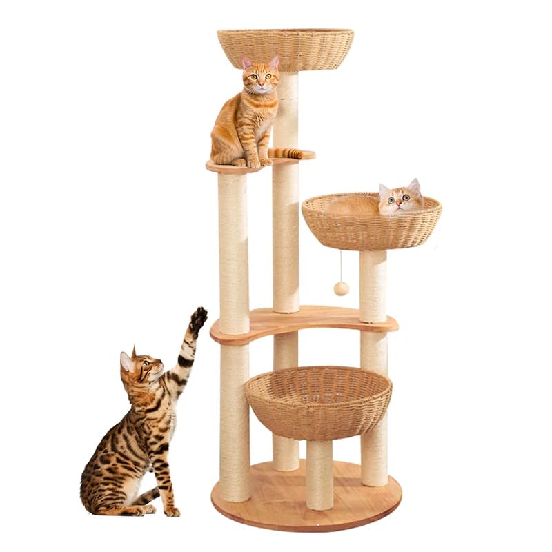 Luxury Modern Wood Cat Tree With Sisal Scratching Post Adjustable Height Durable Cat Bed Climbing Structure Activity Center For