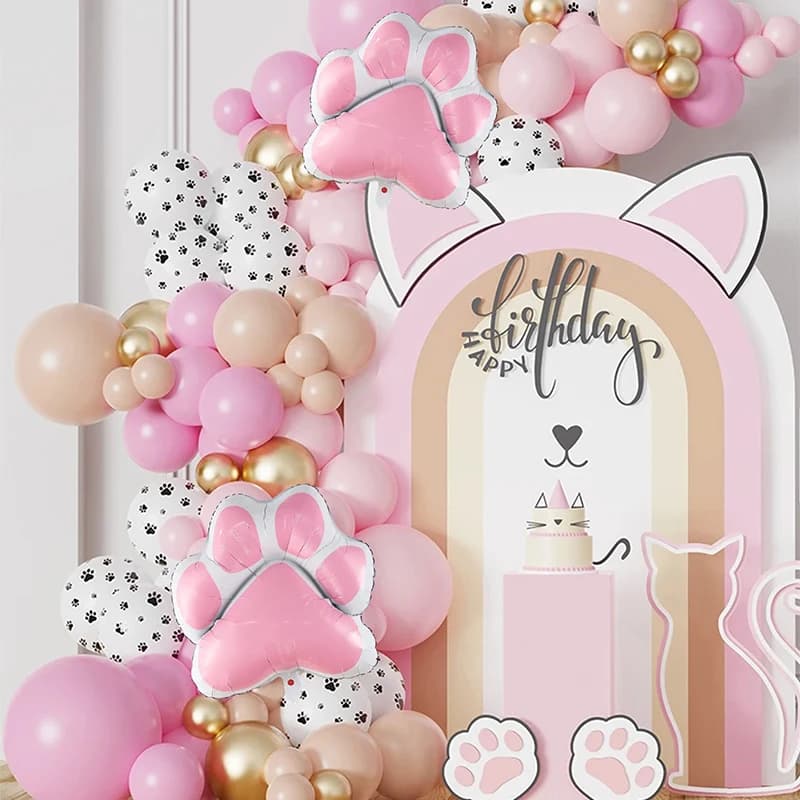 91 Pezzi Nuovo Arco di Palloncini a Tema Gatto Meow, Palloncino in Foil a Forma di Zampa di Gatto Rosa, Decorazione per Primo Compleanno Bambini e Baby Shower, Globos