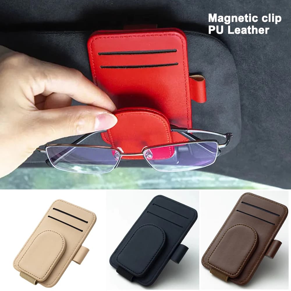 Supporto per occhiali con visiera parasole per auto in pelle Pu multifunzionale custodia per occhiali da sole con parasole creativo custodia per penna con Clip magnetica