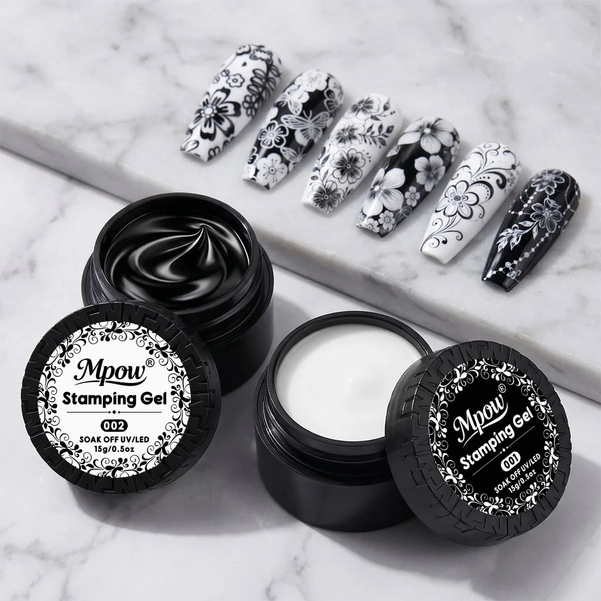 Mpow 1/2pcs 15g Black White Stamping Gel Polish Transfer Nail Art for Plate Design Semi Permanent Soak Off UV LED Manicure Tool