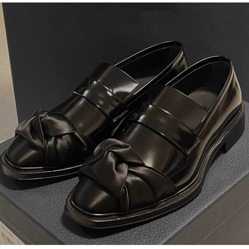 Men's Black Patent Leather Loafers with Silk Knot Decor British Style Square Toe Slip-On Casual Dress Shoes Party Work Footwear