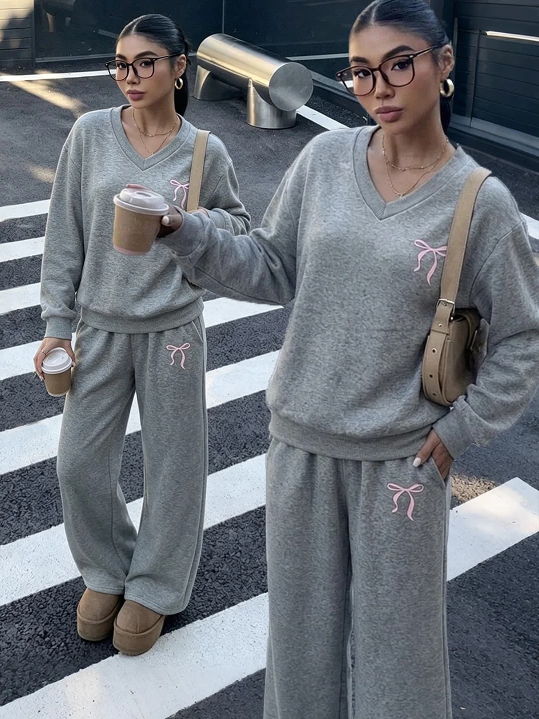 Women Cute Bow Embroidery Matching 2‑Piece Set V‑Neck Sweatshirt & Wide Leg Pants Casual Tracksuit