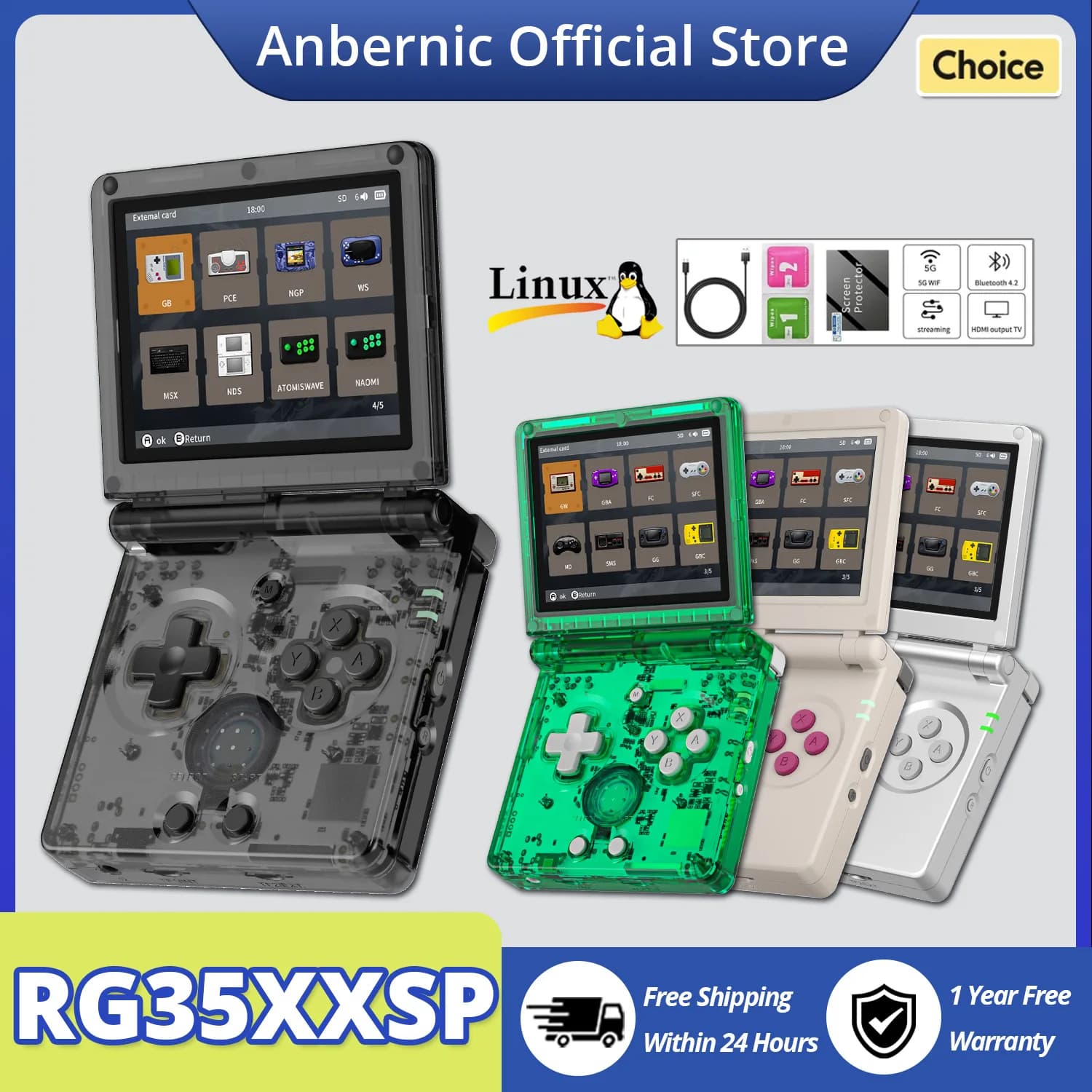 ANBERNIC RG35XXSP Console di Gioco Portatile Flip con Schermo IPS da 3,5 Pollici, Batteria da 3300mAh, Sistema Linux e WIFI 2.4/5G